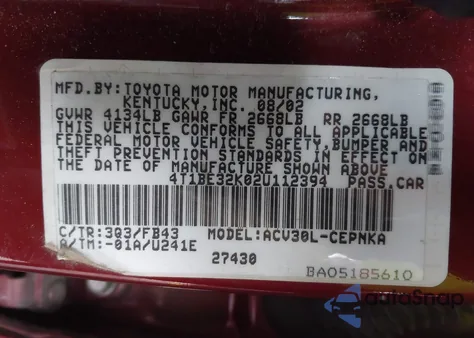 2002 Toyota Camry Le from USA, damaged, VIN 4T1BE32K02U112394